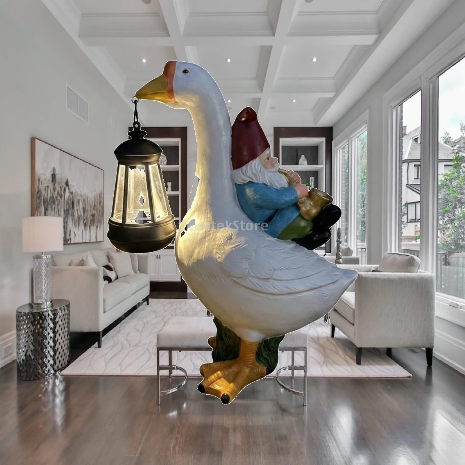 Gnome Riding Goose Statue Whimsical Design Goose Solar Light Weather Resistant Outdoor Lighting for Yard, Patio, Porch
