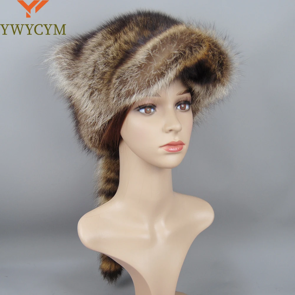 

2025 Hot Sale Lady Winter Warm Real Raccoon Fur Cap Brim Cute Ears Hat Women Girls Thick Fashion Warm Raccoon Fur Tail Hats