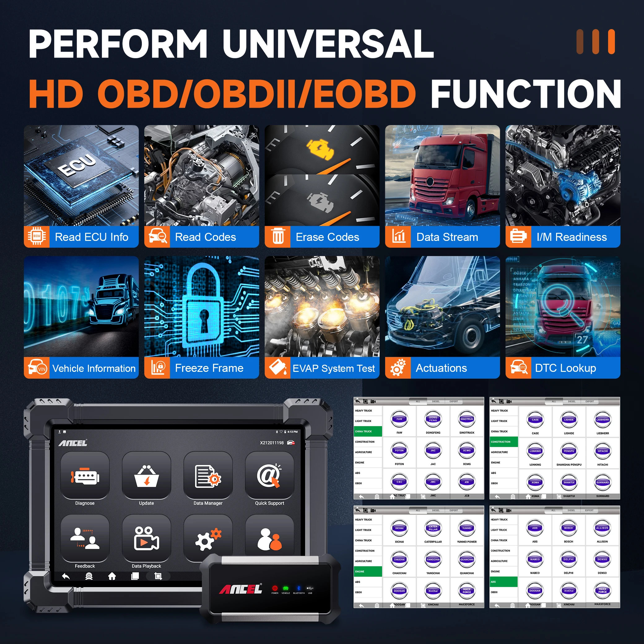 2025 ANCEL X7HD Heavy Duty Truck Diagnostic Tool Fine Quality Diesel Truck Scanner Made in China with 1-Year Warranty