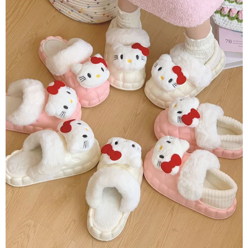 Sanrio Hello Kitty Pink Cute Warm Non-slip Bag Heel Cotton Slippers Autumn and Winter Platform Plush Indoor Home Flat Heel Shoes