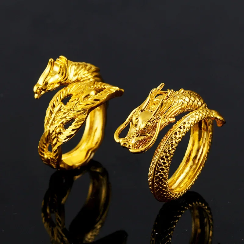 Classic Gold Dragon Phoenix Couple Ring with Adjustable Opening 100% Reproduction 999 Gold 18K Men's and Women's Jewelry