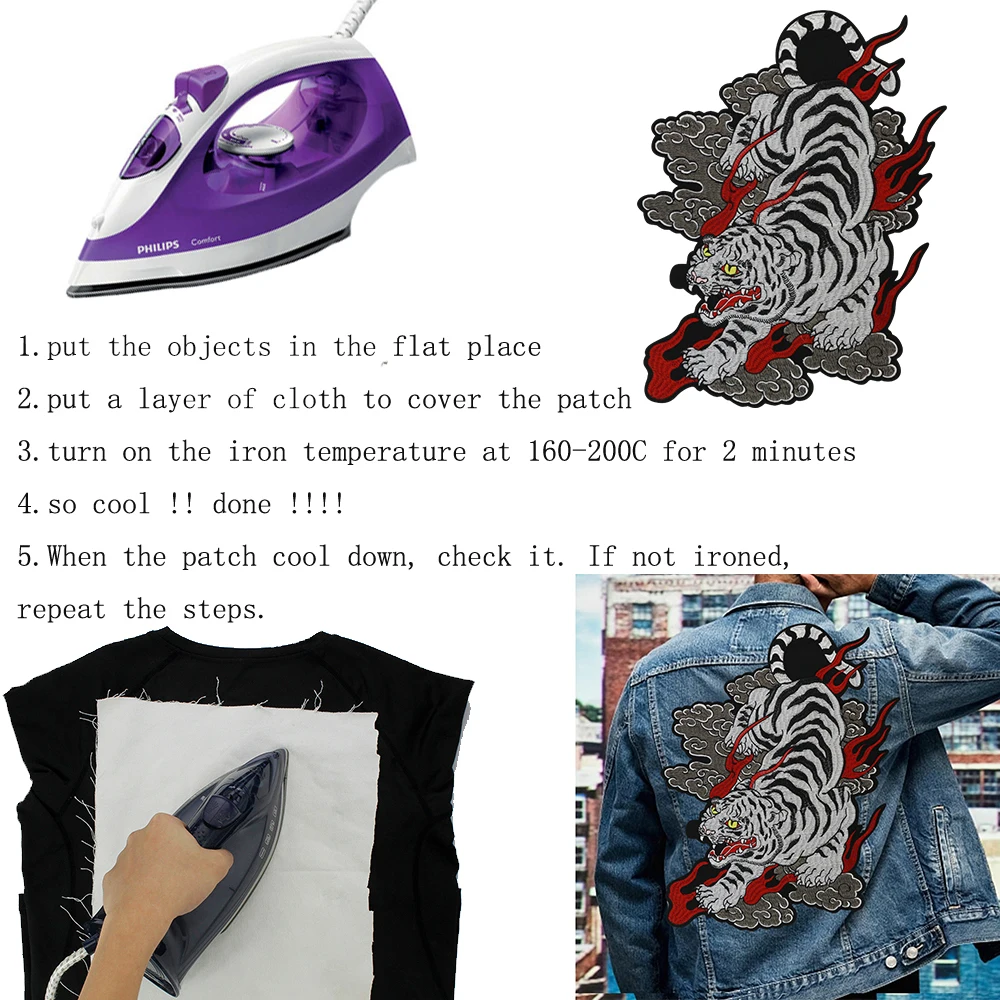 Large Embroidery Wolf Patch Roaring Striped White Tiger Lion Applique Iron On Badge Apparel Snake Flower Animal Accessories