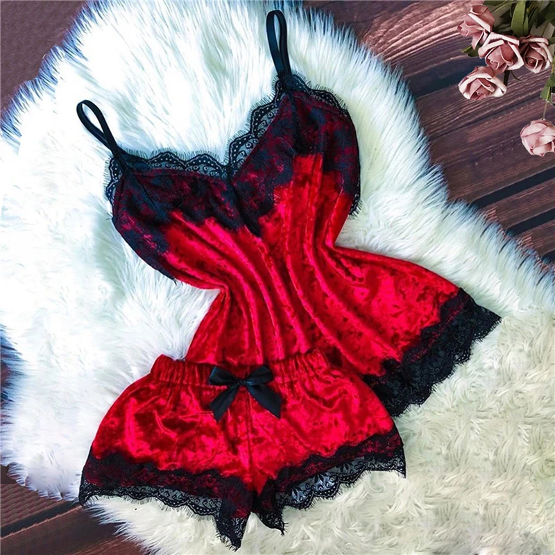 Sexy Lingerie Women Sleep Wear Camisole Bow Shorts V-Neck Tops Velvet Pajamas Sleepwear Hot