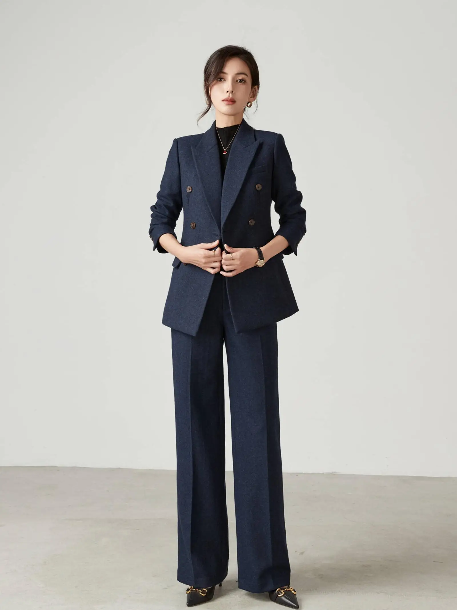 여성용 겨울 두꺼운 울 트위드 정장 세트 로얄 블루 전문직 슬림 핏 스트레이트 팬츠 더블 브레스티드