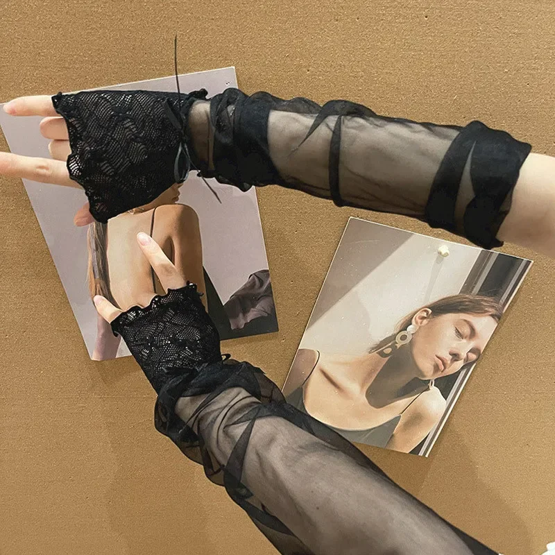 Harajuku Y2K Hot Girls Long Fingerless Hand Gloves Women Sexy Sheer Lace Tulle Spliced Bowknot Summer Sun Protection Oversleeves view 4