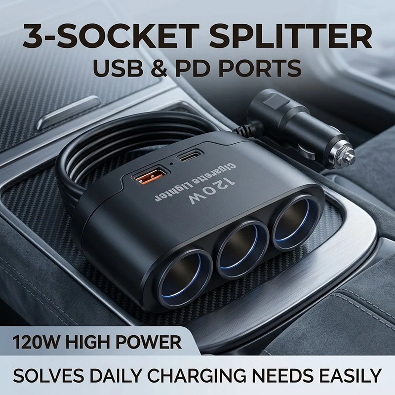 3-Port Car Socket Splitter 120W Cigarette Lighter Power Outlet With 1 USB C PD 1 USB-A Port Fast Charge For iPhone For Samsung