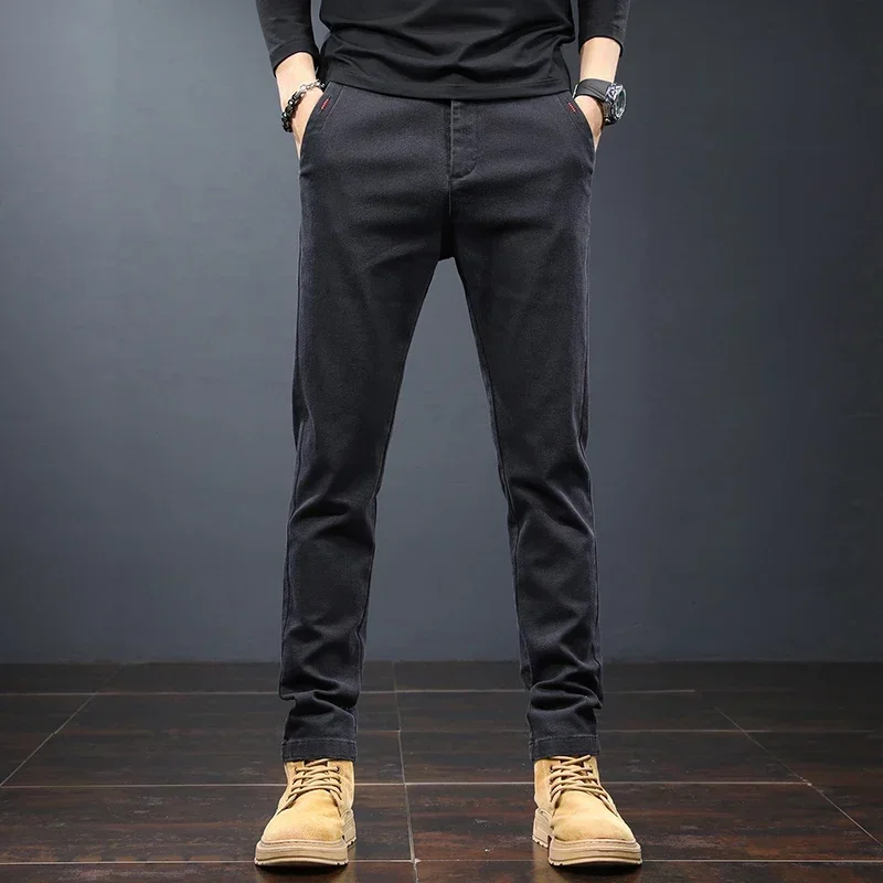 2024 New Autumn Winter Classic Work Stretch Pants Men Cotton Business Slim Fit Grey Black Korea Thick Casual Cargo Trousers Male