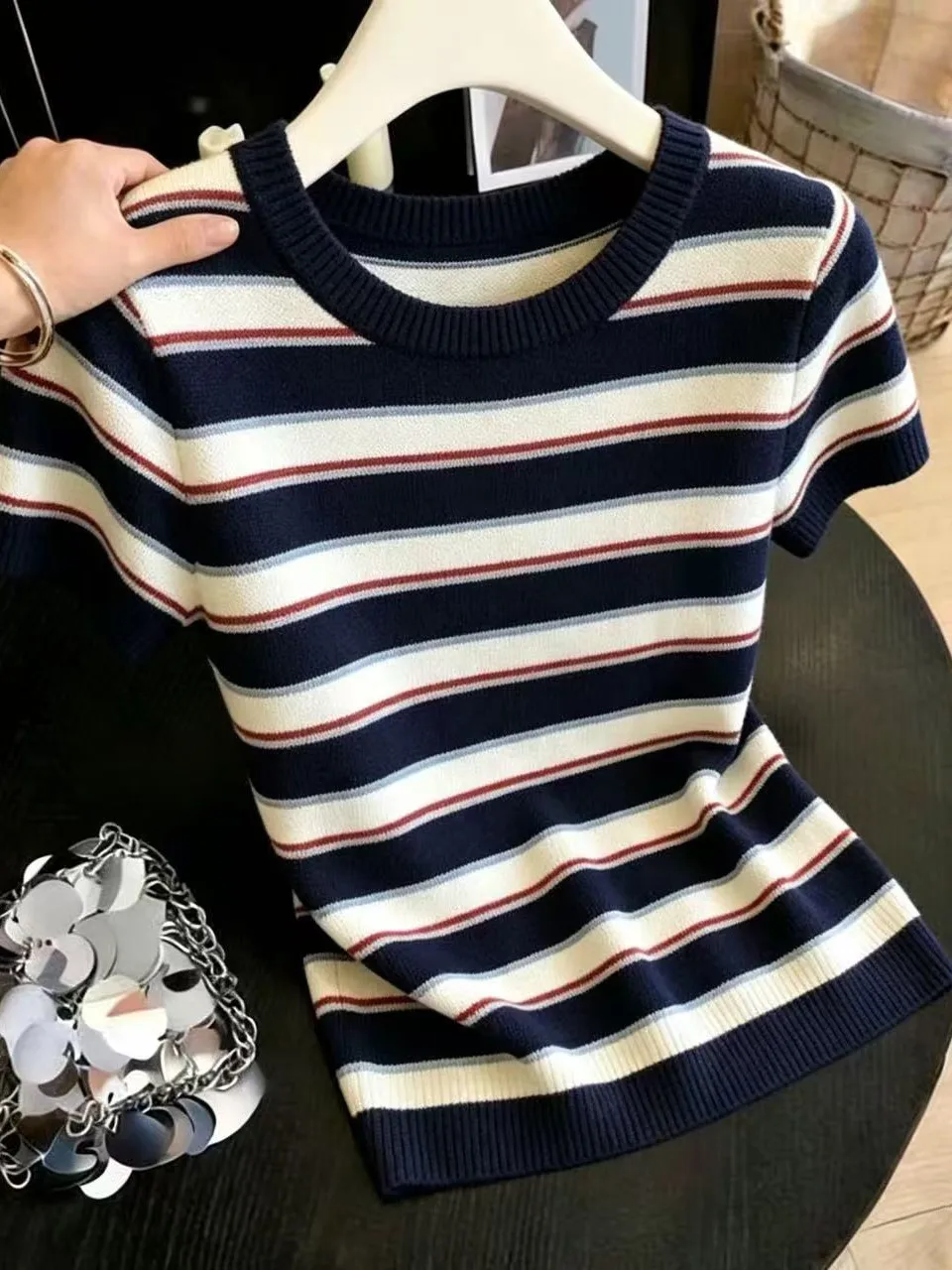 

Summer Slimming Loose Fit Short Sleeve T-Shirt Women's round Neck Striped Color Block Thin Top Breathable Comfortable Knitted