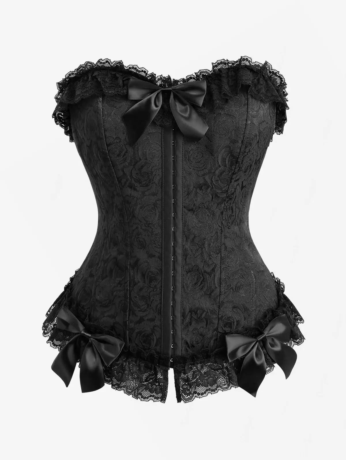 Korset Seksi Wanita Ukuran Besar Motif Bunga Jacquard Tali Grommet Pita Hias Lipit Full Cup Bustiers Hitam