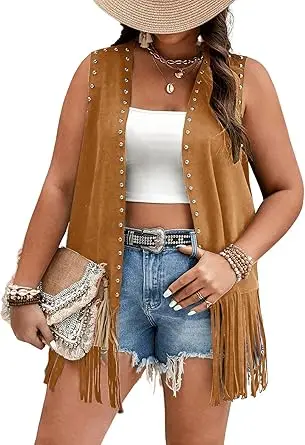 Women's Tassel Sleeveless Vest Rivet Open Front Sleeveless Long Jacket Hippie Streetwear