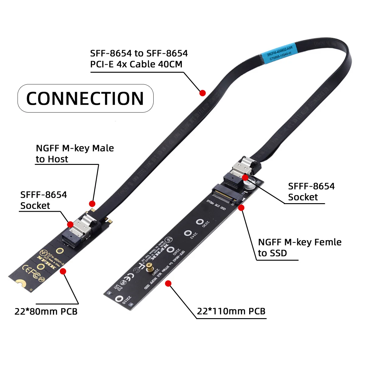 NVME NGFF M-Key Male to Female Extension Cable 40cm with SFF-8654 Connector for Mainboard SSD 2280/22110