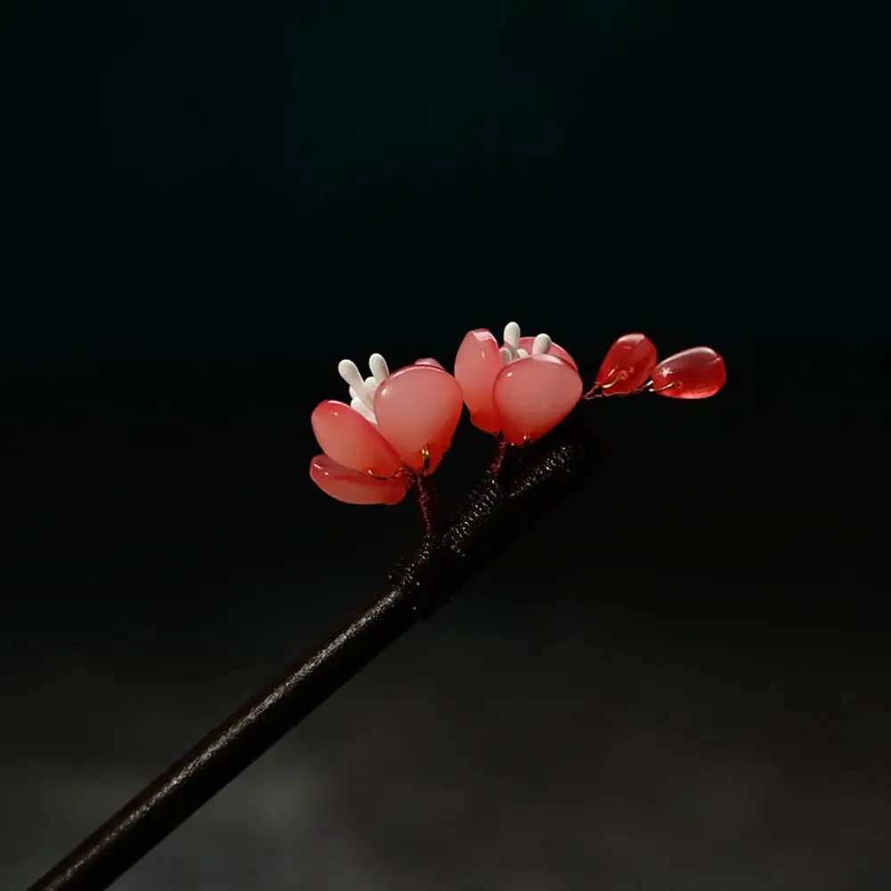 Chinese Decorative Flower Handmade Glass Hairpin Hair Sticks Wooden Hair Fork