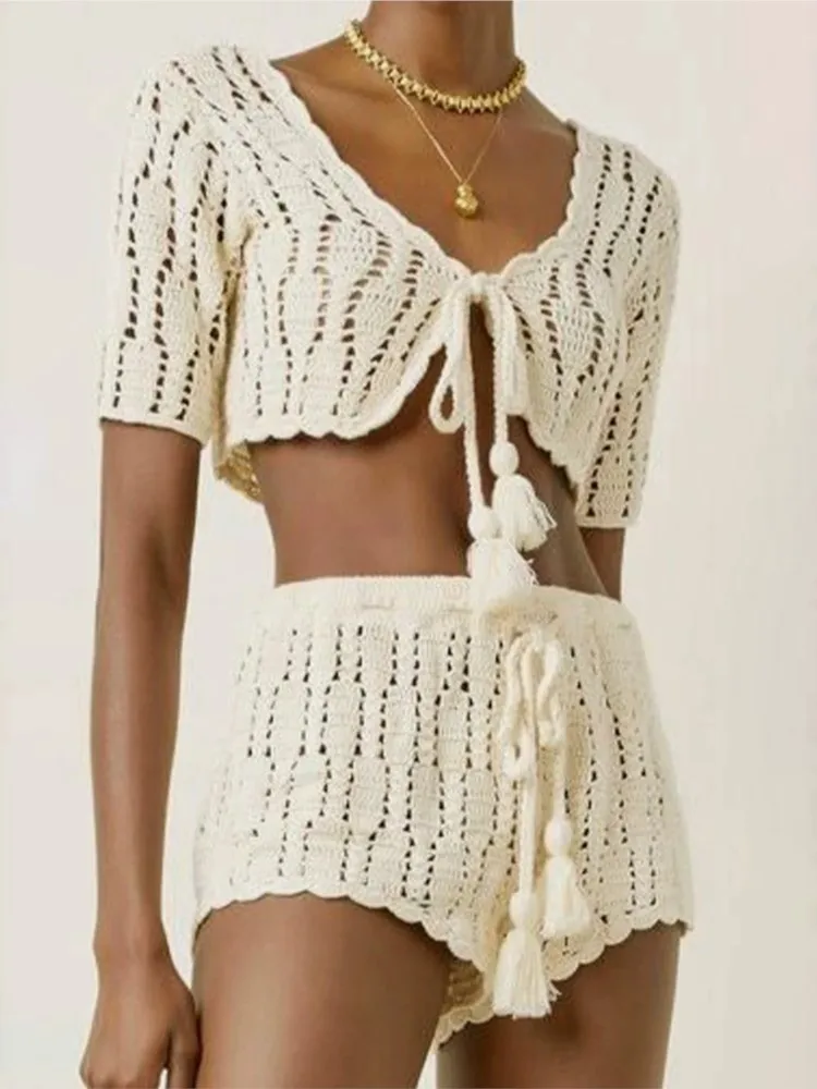 

2026 Women Beach 2 Piece Sets Bikini Cover-Ups Swimsuit Tops And High Waist Shorts Sexy Ladies Swimming Cover Up Bathing Suit