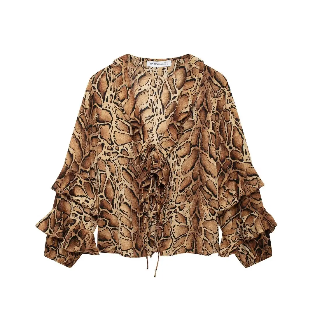 2024 Autumn New Product Women\'s Clothing European And American Style Leopard Print Casual Print V-Neck Loose Long Sleeved Shirt