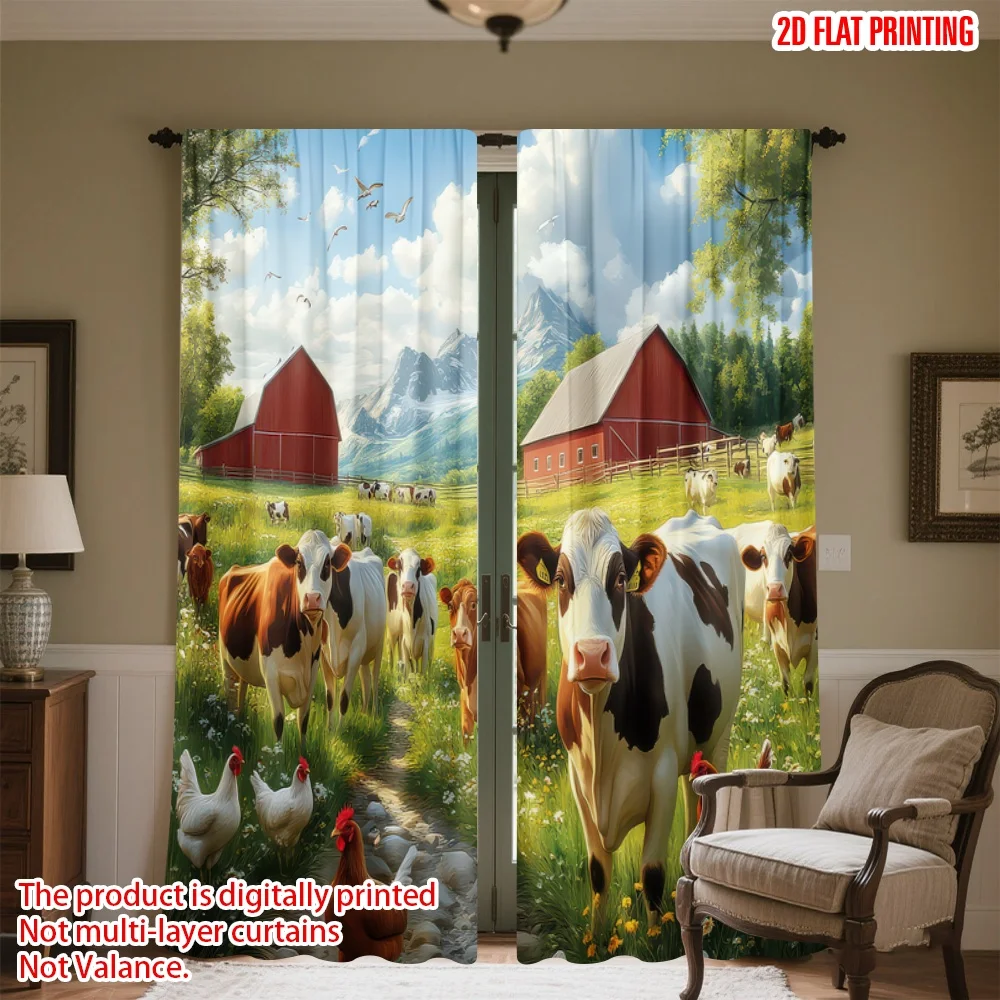 

2D flat printing 2pcs Window Curtains Cows and Chickens Farm Scene Digital Printed Polyester Drapes Seasonal Party & Holiday
