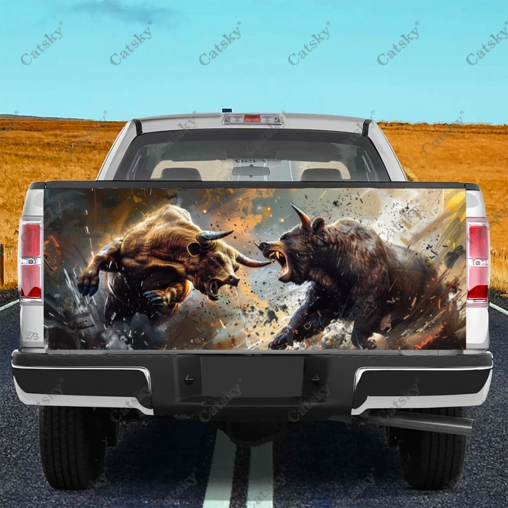 Bear and Bull Fighting Truck Tailgate Wrap Professional Grade Material Universal Fit for Full Size Trucks Weatherproof