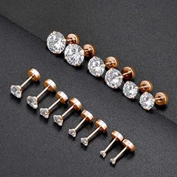 1Pair Classic Flat Back Screw Studs Stainless Steel Small Tiny Crystal Studs Earrings Women Men Piercing 4 Prong Tragus Earrings