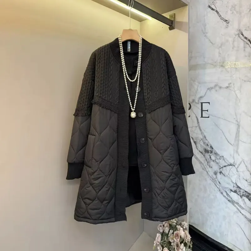 

SuperAen лоскутное вязаное пальто с длинными рукавами 2026, осень и зима, новые простые женские парки большого размера в корейском стиле, свободные пальто