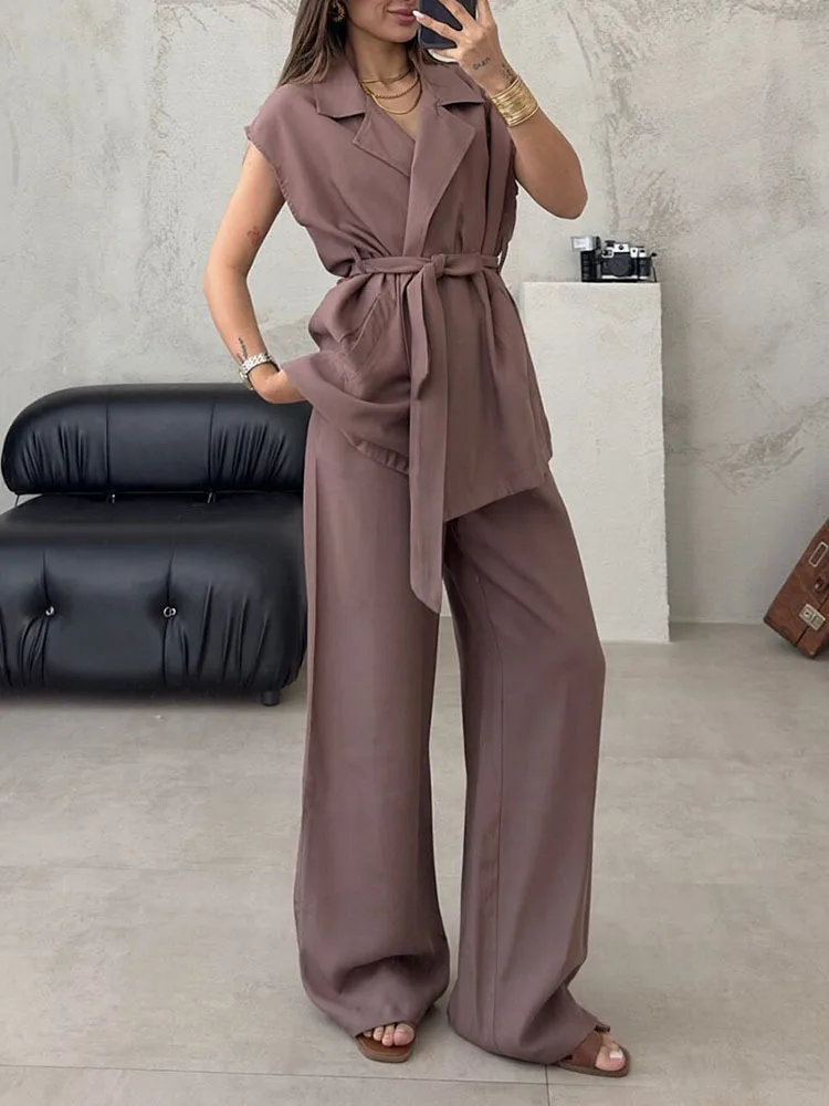 LANMREM Office Lady Set a due pezzi per le donne senza maniche con lacci raccolti in vita con pantaloni casual a gamba larga 2024 Nuovo 2DA7050