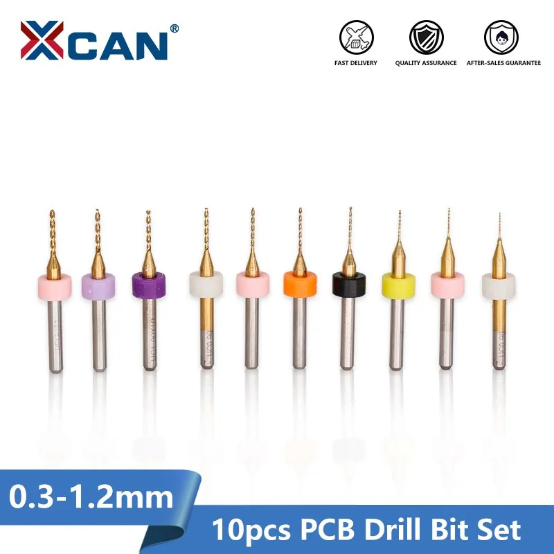 XCAN 10pcs PCB Drill Bit Set 0.3-1.2mm PCB Circuit Board Drilling Bit TiN Coated Carbide Mini Drill