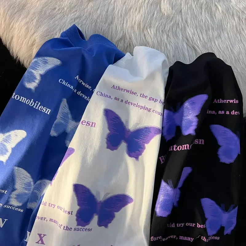 

Oversized Women's T-shirts Aesthetic Purple Butterfly Letter Print Graphic T Shirts Y2k Fashion Short Sleeve Harajuku