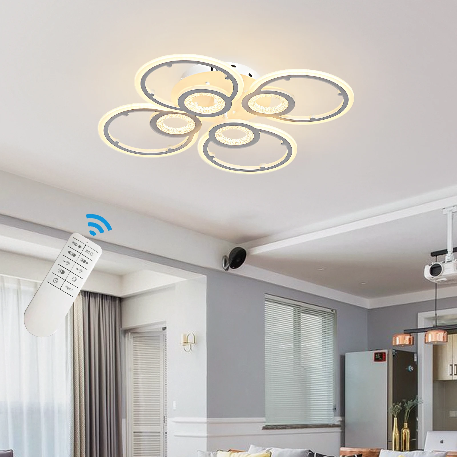 Modern LED Ceiling Light Dimmable Mount Ceiling Lighting Fixtures 65W Round Acrylic White 4 Rings Ceiling Light Living Room