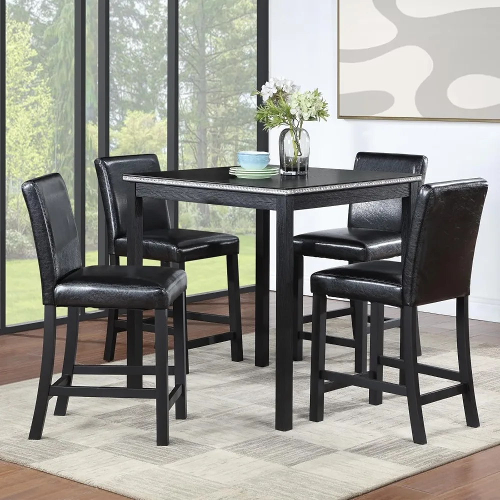 

5 Piece Solid Wood Dining Table Set, Farmhouse Colunter Height Kitchen Table Set with 4 Upholstered Chairs for Kitchen, Dining R