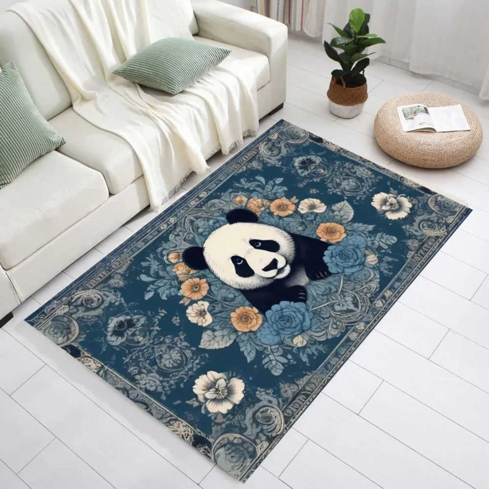 Vintage Boho Floral Animal Area Rug Fox Lion Panda Print Carpet Non-Slip Washable Floor Mat for Living Room Bedroom Home Decor