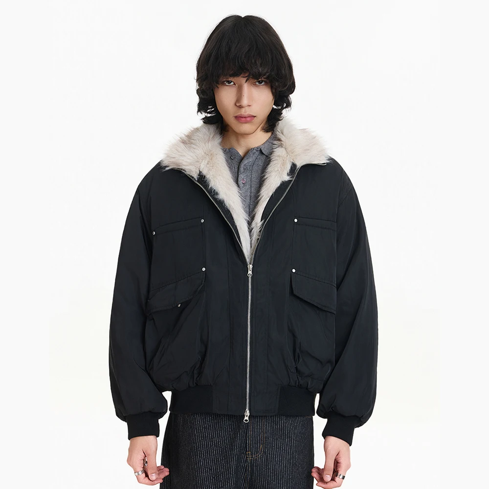 

Men Women Streetwear Fashion Loose Vintage Quilted Cargo Jacket Cotton Padded Parkas Coat Winter Faux Fur Stand Collar Jacket