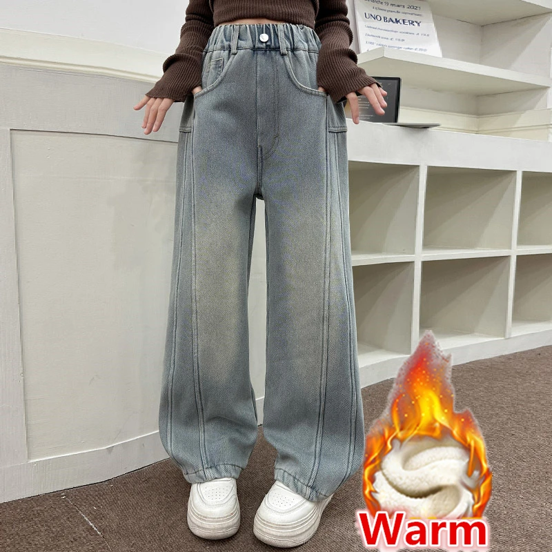 

Classic Design Kids Winter Wide Leg Warm Jeans For Teen Girls Corduroy Denim Pants Children Thick Thermal Jeans Trousers 5-14Y