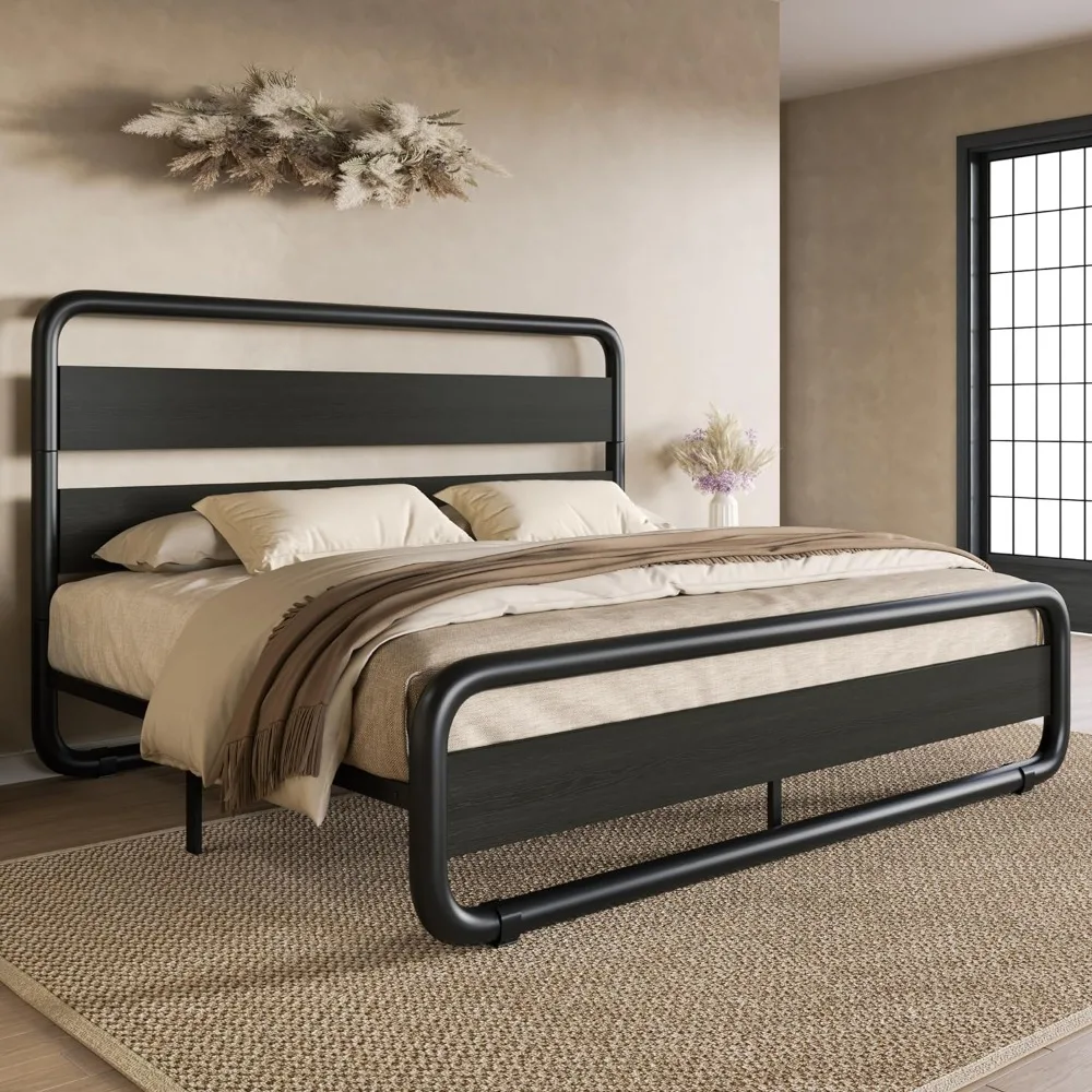 Metal Bed Frame with Wooden Headboard and Footboard, Heavy Duty Oval-Shaped Platform Bed with Under-Bed Storage, Noise Free