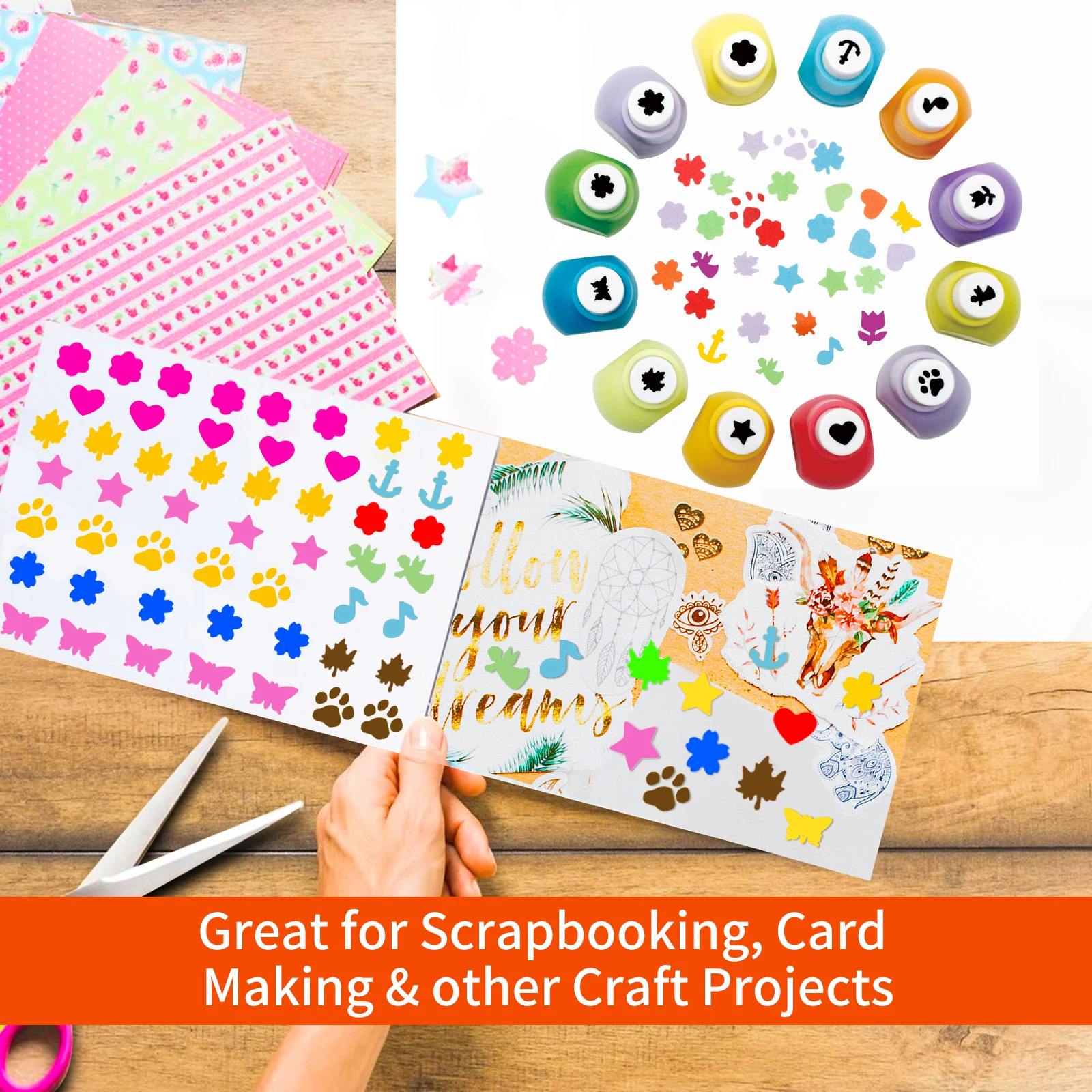 12個入り ミニペーパーカッター シングルホール クラフトパンチ 10mm キッズセットキット 葉っぱ 花 ハート 星型 ペーパークラフト カードメイキング スクラップブック