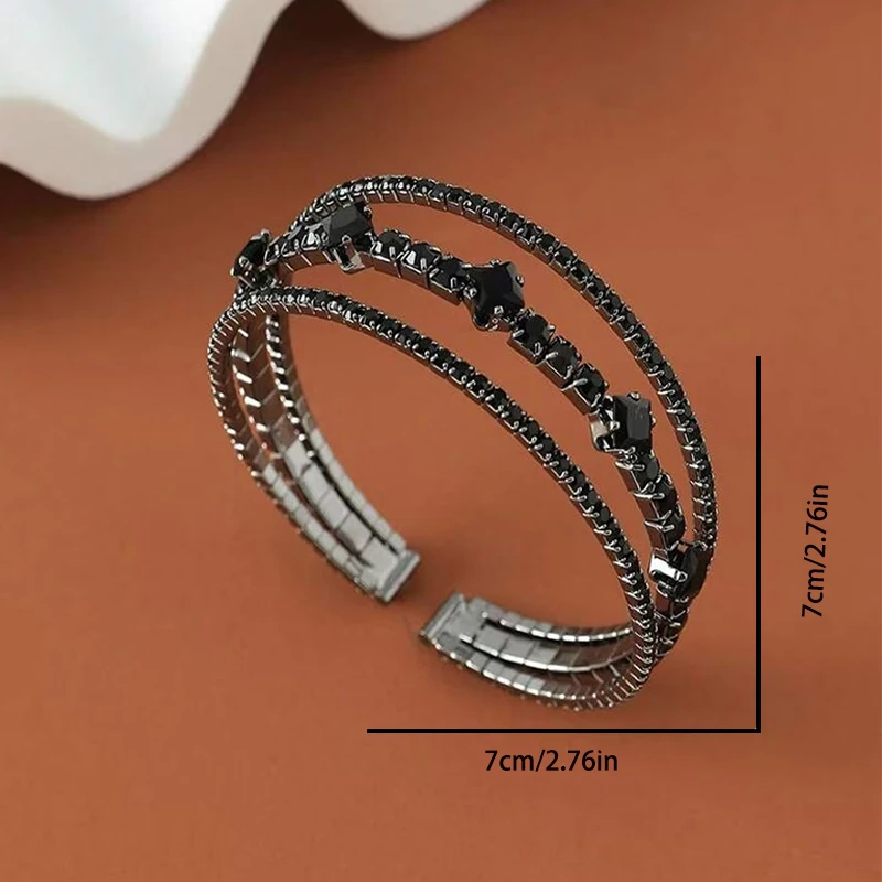 Gothic Black Open Ended Elastic Bracelet For Women 3 Row Synthetic Zirconia Inlaid Luxury Copper Bracelet  Jewelry Gifts