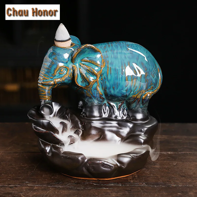 Lotus Leaf Ceramic Backflow Smoke Incense Burner Alpine Flowing Water Elephant Incense Holder Pressure Relief Home Decoration