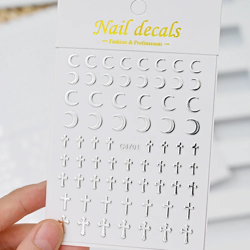 Metallic Silver 3D Star Chain Heart Nail Stickers 6 Sheets Self Adhesive Decals Professional Salon DIY Gel Nail Art Supply image 6