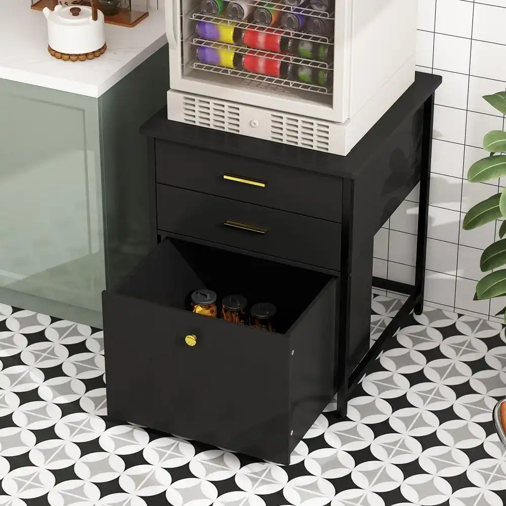 عربة مطبخ ذات سطح خشبي أسود مع 3 أدراج وخزانة واحدة وعجلات دوارة