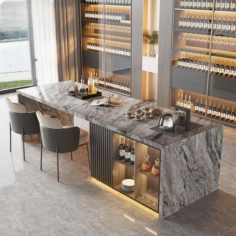 Italian-Style Luxury Kitchen Island Table w/Luxury Stone Slab & Built-in Sink, Custom Open-Concept Dining Bar for Modern Home