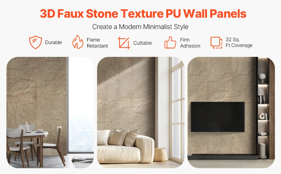 VEVOR 3D Wall Panels 4Pack 48x24in PU Natural Stone Imitation Wall Art Tiles Interior Home Decor for Ceiling Bedroom Gaming Room