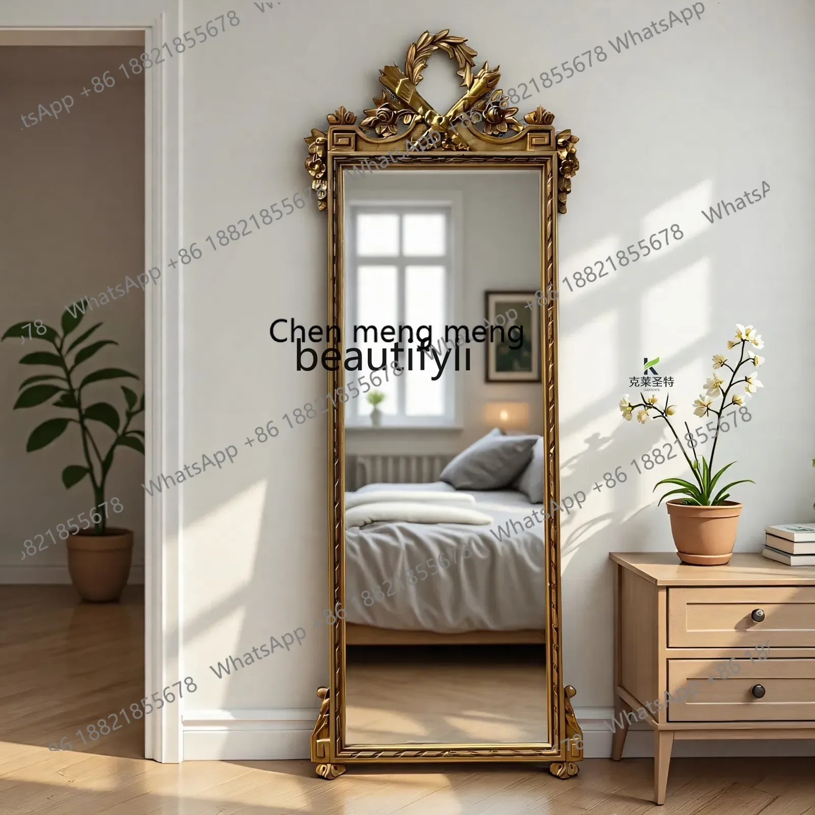 

French retro luxury full-body mirror American carved wall hanging, home bedroom floor-to-ceiling mirror European style2936