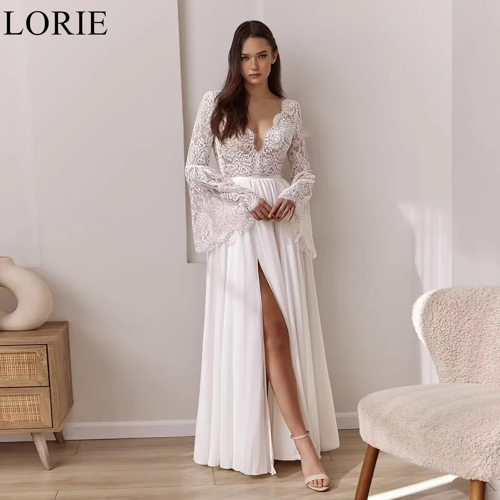 

LORIE Elegant Lace Wedding Dresses A-Line Side Slit Deep V-Neck Full Sleeves Bride Prom Gown Pleated 2025 Bridal Gown Customized