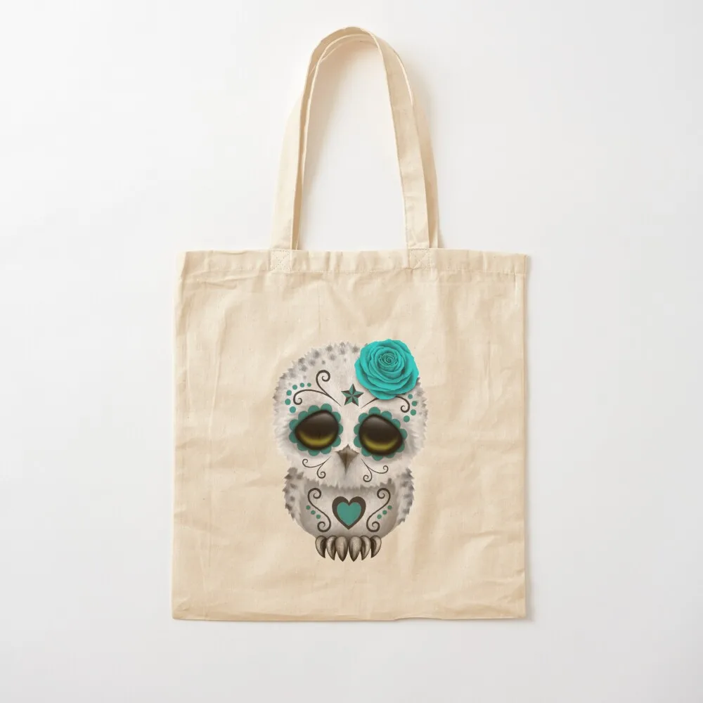 

Cute Teal Blue Day of the Dead Sugar Skull Owl Tote Bag canvas tote bag Handbags Canvas Tote Bag