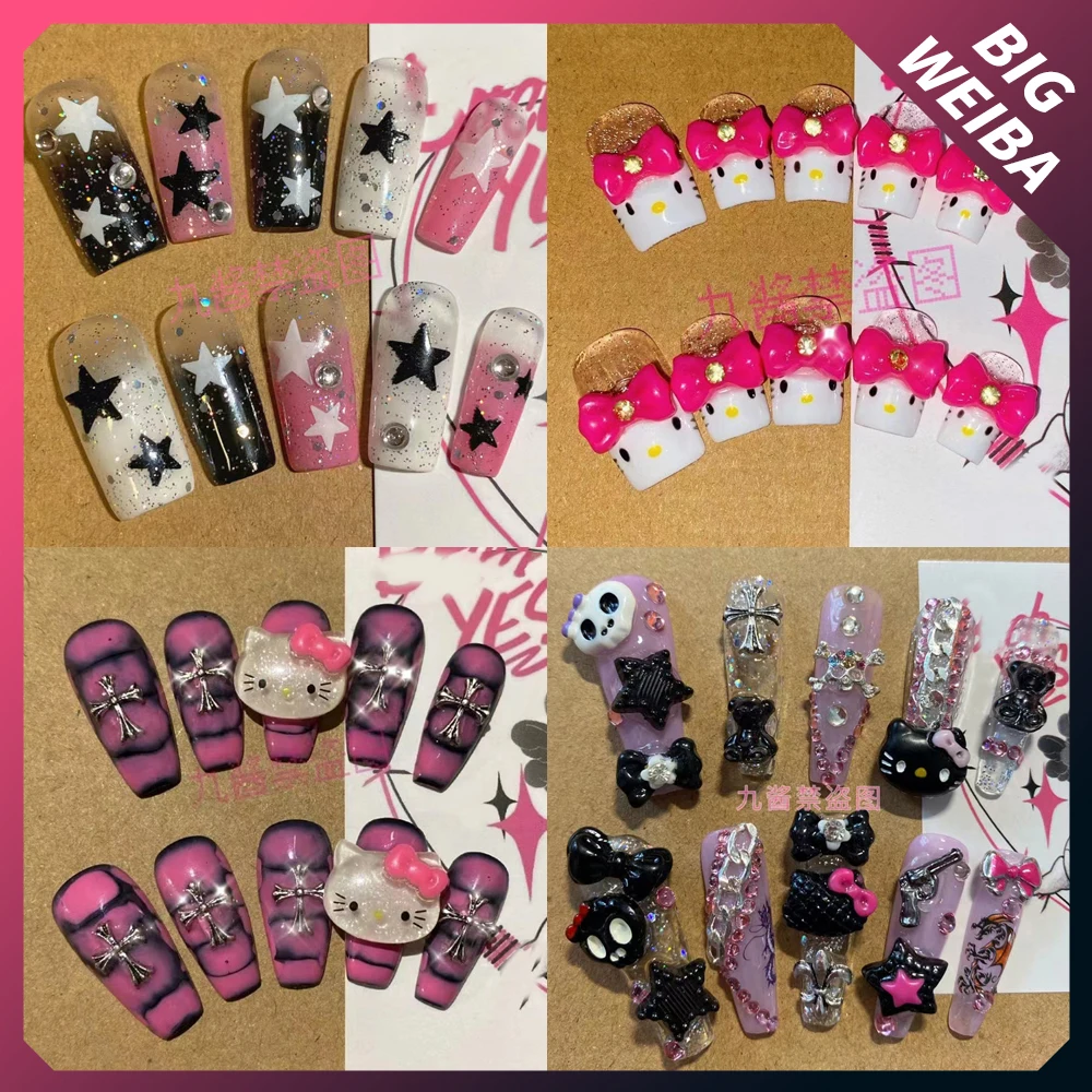 Spicy Girl Anime Hello Kitty Y2K Fake Nails Cartoon Cute Star Cool Cosplay Long Coffin Stiletto Full Cover Nails Art Tips Gift