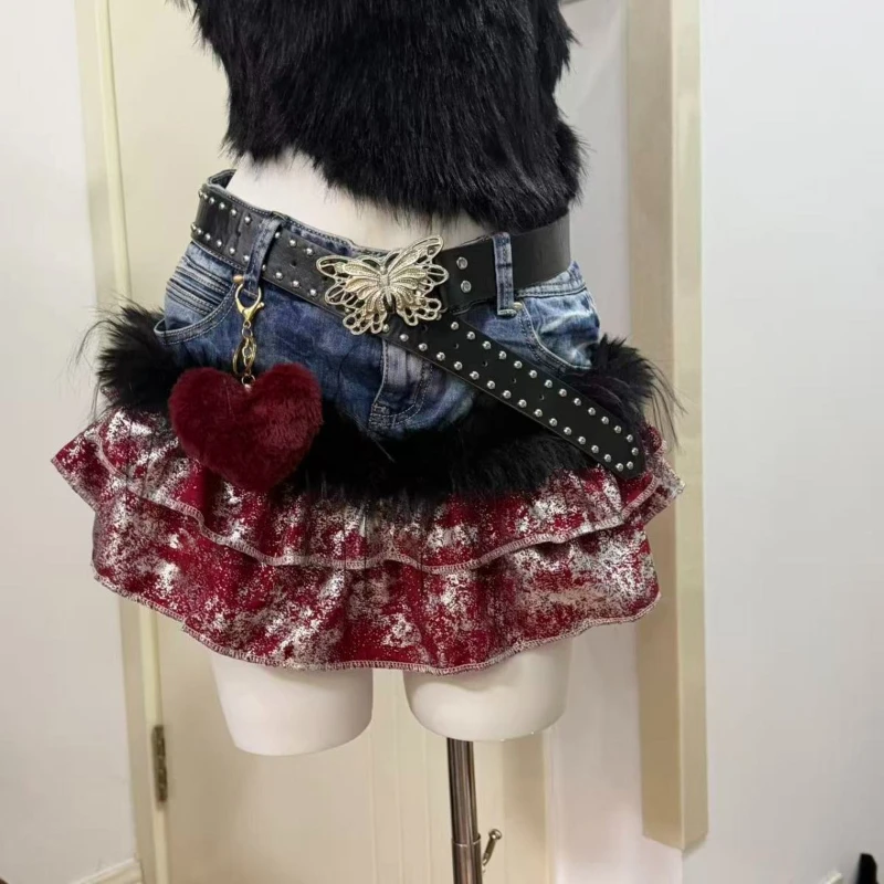 Wine Red Ruffled Heart Decor Denim Skirts High Street Style Distressed Fashion Clothing Music Festival E-girl Casual Skirt 2026
