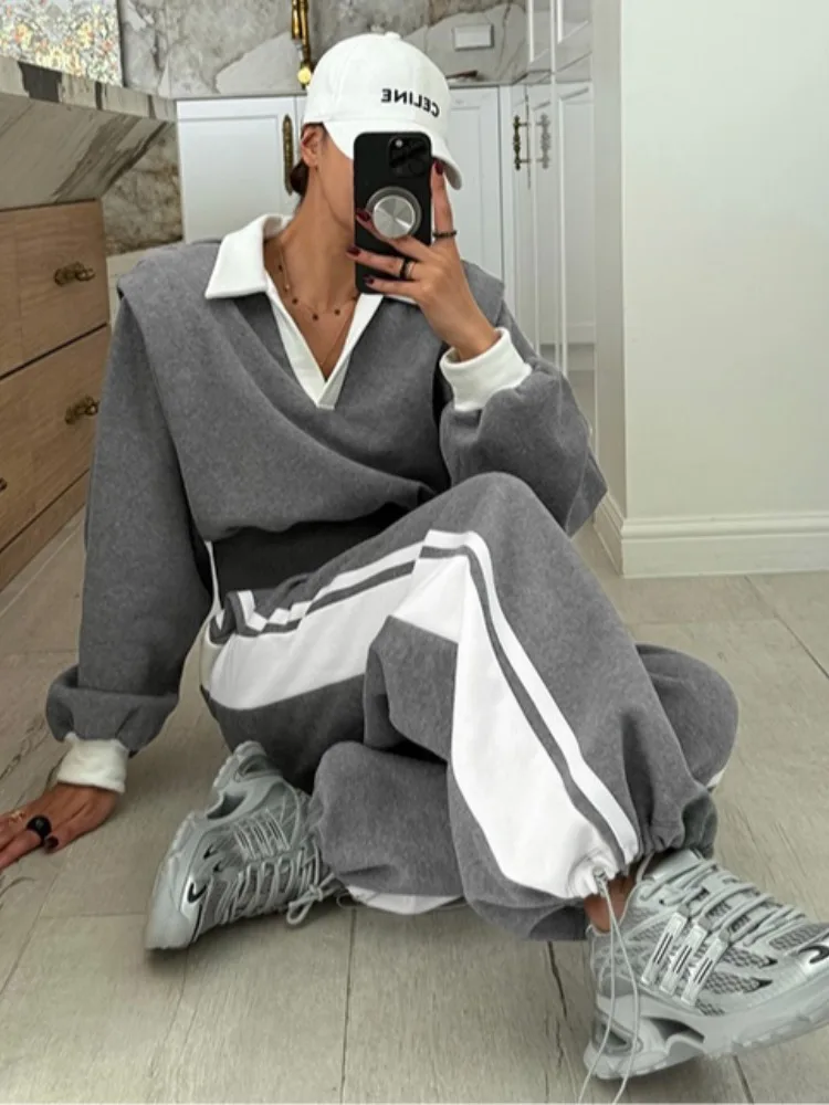 Conjunto de ropa deportiva informal para mujer, sudadera de invierno con Color lateral, pantalones largos, traje con cuello versátil