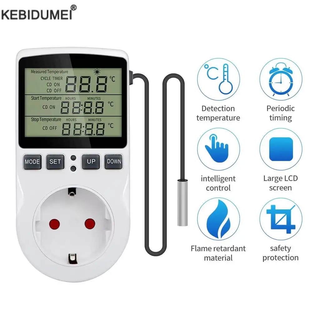 Temperature Controller Socket Digital Thermostat 120/220V Timer Socket Outlet Heating Cooling Switch With Sensor Probe