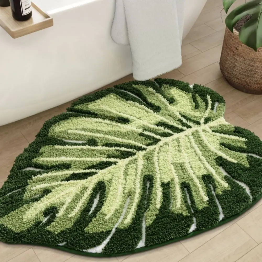Soft Leaf Rug TPR Anti-Slip Thickened Fiber Bathroom Floor Mat Water Absorbent Leaf Shape Pattern Non-Slip Bath Mat
