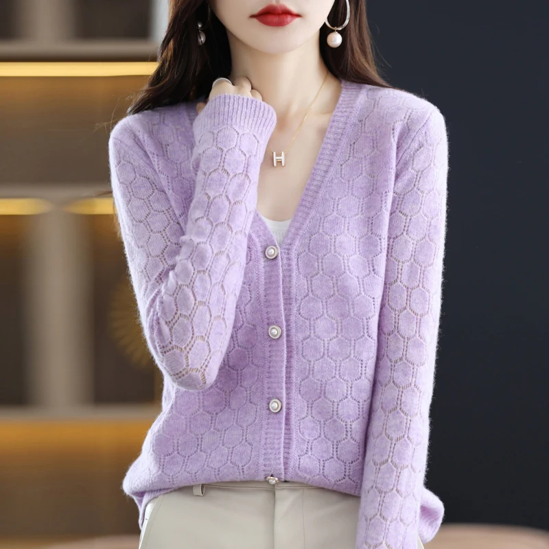 

Женский шерстяной кардиган с вырезами, однотонный вязаный тонкий свитер, красивый женский шерстяной свитер из ведомой шерсти с V-образным вырезом, 100%