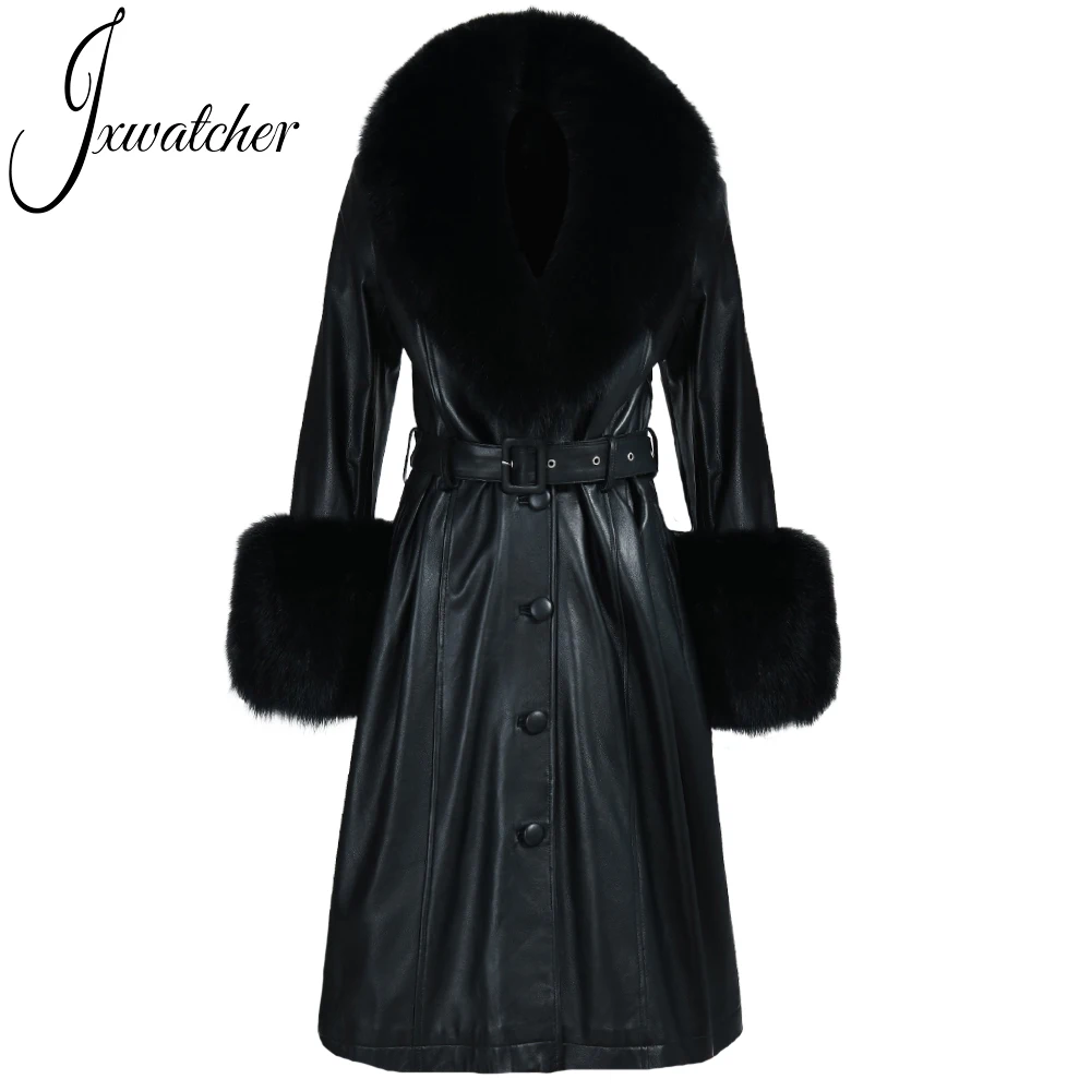 Jxwatcher couro genuíno feminino longo trench coat senhoras outono inverno plus size pele de carneiro com gola de pele de raposa real outwear