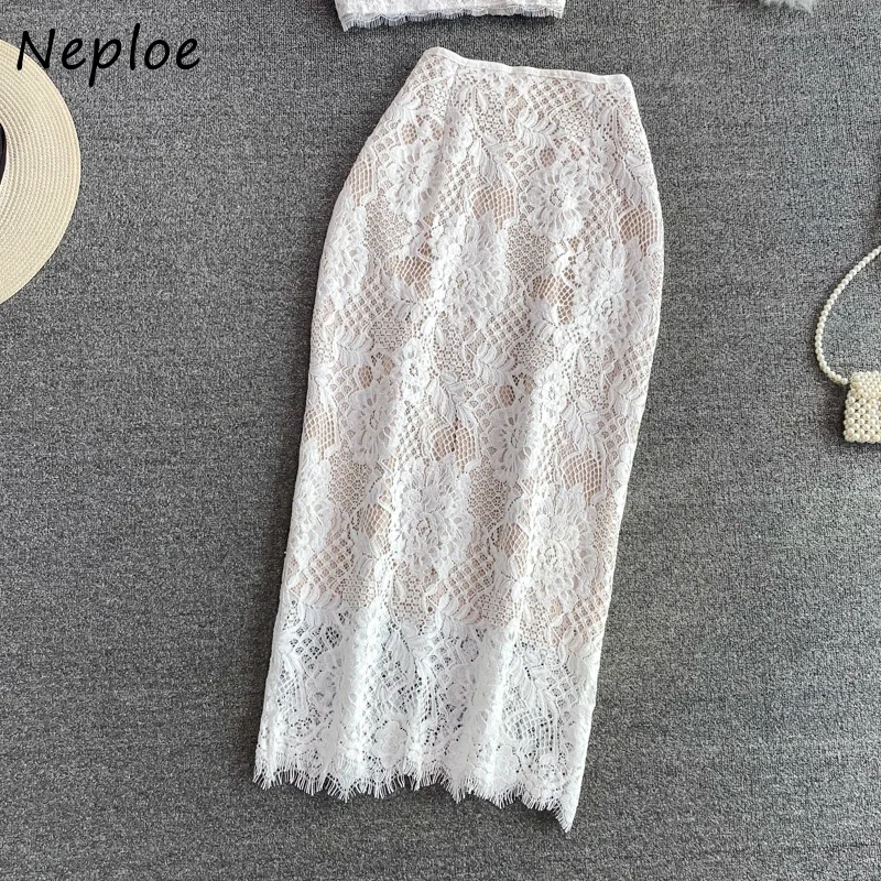 Neploe Lace Hook Flower Hollow Skirt Sets Camisole Vest Super Tops + High Waist Hip Slim A-line Skirts Women Two Piece Suits