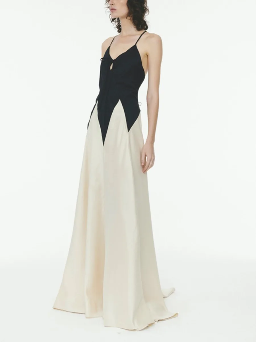 Freeacy レディース ドレス 2025 新作 コントラストカラー スパゲッティネック Aライン プリーツ マキシ丈ワンピース エレガント イブニングドレス ウェディングドレス